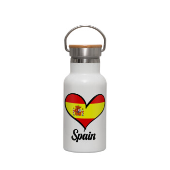 Spain flag, Metallic thermos (Stainless steel) White with wooden lid (bamboo), double-walled, 350ml