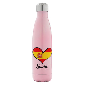 Spain flag, Metal mug thermos Pink Iridiscent (Stainless steel), double wall, 500ml