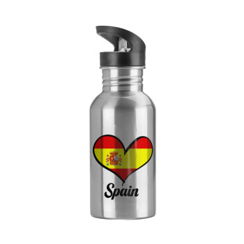Spain flag, Water bottle Silver with straw, stainless steel 600ml