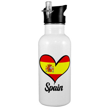 Spain flag, White water bottle with straw, stainless steel 600ml