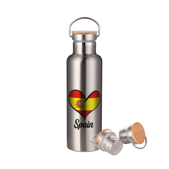 Spain flag, Stainless steel Silver with wooden lid (bamboo), double wall, 750ml