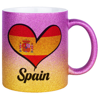 Spain flag, Κούπα Χρυσή/Ροζ Glitter, κεραμική, 330ml