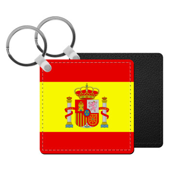 Spain flag, Μπρελόκ Δερματίνη, τετράγωνο ΜΑΥΡΟ (5x5cm)