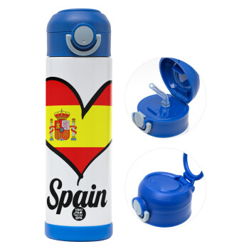 Spain flag, Children's hot water bottle, stainless steel, with safety straw, BLUE (500ml)