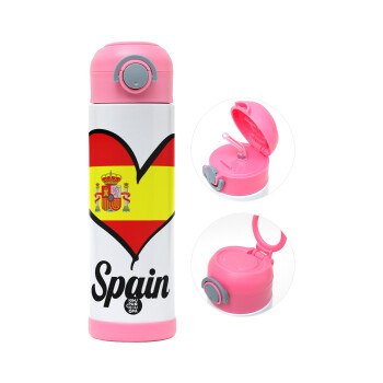 Spain flag, Children's hot water bottle, stainless steel, with safety straw, PINK (500ml)