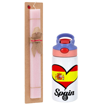 Spain flag, Πασχαλινό Σετ, Παιδικό παγούρι θερμό, ανοξείδωτο, με καλαμάκι ασφαλείας, ροζ/μωβ (350ml) & πασχαλινή λαμπάδα αρωματική πλακέ (30cm) (ΡΟΖ)