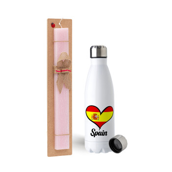Spain flag, Easter Set, metallic stainless steel water bottle (750ml) & scented flat Easter candle (30cm) (PINK)