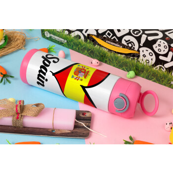 Spain flag, Πασχαλινή Λαμπάδα με Παιδικό παγούρι θερμό, ανοξείδωτο, με καλαμάκι ασφαλείας, ΡΟΖ (500ml)