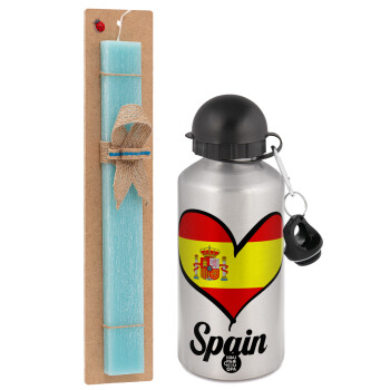 Spain flag, Easter Set, metallic silver aluminum water bottle (500ml) & scented flat Easter candle (30cm) (TURQUOISE)