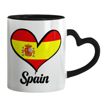 Spain flag, Κούπα καρδιά χερούλι μαύρη, κεραμική, 330ml