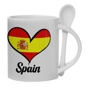 Spain flag, Ceramic coffee mug with Spoon, 330ml (1pcs)