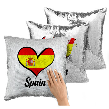 Spain flag, Μαξιλάρι καναπέ Μαγικό Ασημένιο με πούλιες 40x40cm περιέχεται το γέμισμα