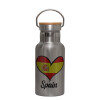 Stainless steel metallic thermos flask, silver with a bamboo lid, double-walled, 350ml.