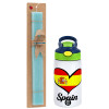 Easter Set, Children's thermal stainless steel bottle with safety straw, green/blue (350ml) & aromatic flat Easter candle (30cm) (TURQUOISE)