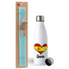 Easter Set, metallic stainless steel water bottle (750ml) & aromatic flat Easter candle (30cm) (TURQUOISE)