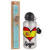 Easter Set, metallic silver aluminum water bottle (500ml) & scented flat Easter candle (30cm) (TURQUOISE)