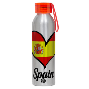 Spain flag, Αλουμινένιο Αθλητικό Μπουκάλι 650ml – Ασημί με Κόκκινο Καπάκι και Λουράκι Σιλικόνης
