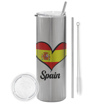 Spain flag, Tumbler stainless steel Silver 600ml, with metal straw & cleaning brush
