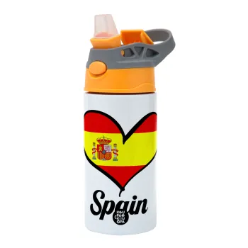 Spain flag, Children's hot water bottle, stainless steel, with safety straw, Orange/Grey (360ml) BPA-FREE