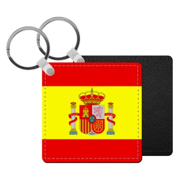 Spain flag, Μπρελόκ Δερματίνη, τετράγωνο ΜΑΥΡΟ (5x5cm)