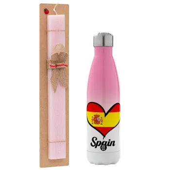 Spain flag, Easter Set, Metallic pink/white (Stainless steel) thermos, double-walled, 500ml & aromatic flat Easter candle (30cm) (PINK)