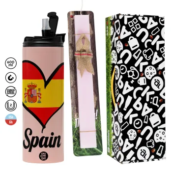 Spain flag, Πασχαλινή Λαμπάδα με  ΡΟΖ Travel Tumbler θερμό (600ml, BPA free) & κερί αρωματικό πλακέ (30cm) (ΡΟΖ)