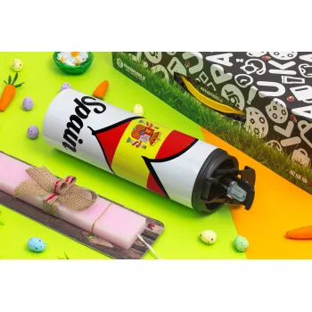 Spain flag, Πασχαλινή Λαμπάδα με Travel Tumbler θερμό με διπλό καπάκι (600ml, BPA free) & κερί αρωματικό πλακέ (30cm) (ΡΟΖ)