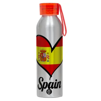 Spain flag, Αλουμινένιο Αθλητικό Μπουκάλι 650ml – Ασημί με Κόκκινο Καπάκι και Λουράκι Σιλικόνης