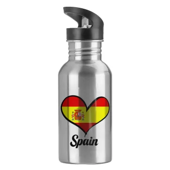 Spain flag, Water bottle Silver with straw, stainless steel 600ml