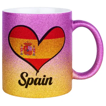 Spain flag, Κούπα Χρυσή/Ροζ Glitter, κεραμική, 330ml