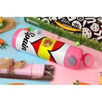 Spain flag, Easter candle, Childrens hot water bottle, stainless steel, with safety straw, PINK (500ml)