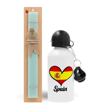 Spain flag, Easter Set, metallic aluminum water bottle (500ml) & scented flat candle (30cm) (TURQUOISE)