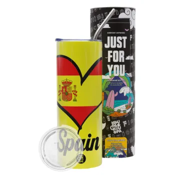 Spain flag, Neon Yellow Travel Tumbler θερμό, μεταλλικό καλαμάκι(Ανωξείδωτο 304 Food grade, BPA free, 600ml)