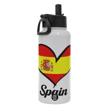 Spain flag, Metal mug thermo White with Straw and Spout Lid (Stainless steel), double wall, 950ml