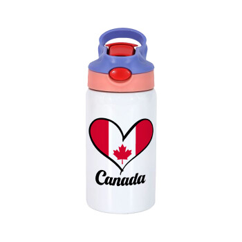 Canada flag, Children's hot water bottle, stainless steel, with safety straw, pink/purple (350ml)
