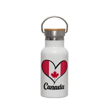 Canada flag, Metallic thermos (Stainless steel) White with wooden lid (bamboo), double-walled, 350ml