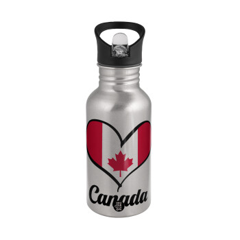 Canada flag, Water bottle Silver with straw, stainless steel 500ml