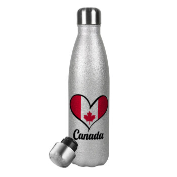 Canada flag, Μεταλλικό παγούρι θερμός Glitter Aσημένιο (Stainless steel), διπλού τοιχώματος, 500ml