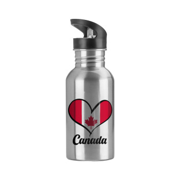 Canada flag, Water bottle Silver with straw, stainless steel 600ml