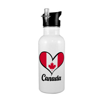Canada flag, Παγούρι νερού Λευκό με καλαμάκι, ανοξείδωτο ατσάλι 600ml