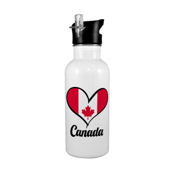 Canada flag, White water bottle with straw, stainless steel 600ml