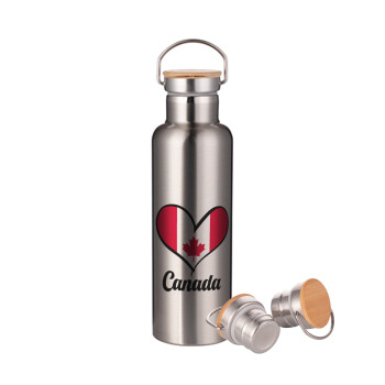 Canada flag, Stainless steel Silver with wooden lid (bamboo), double wall, 750ml