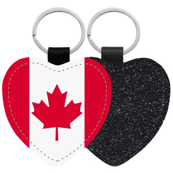 Canada flag, Μπρελόκ PU δερμάτινο glitter καρδιά ΜΑΥΡΟ