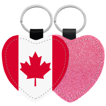 Canada flag, Μπρελόκ PU δερμάτινο glitter καρδιά ΡΟΖ