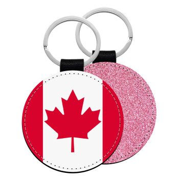 Canada flag, Μπρελόκ Δερματίνη, στρογγυλό ΡΟΖ (5cm)