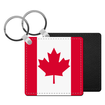 Canada flag, Μπρελόκ Δερματίνη, τετράγωνο ΜΑΥΡΟ (5x5cm)