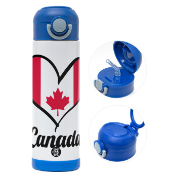 Canada flag, Children's hot water bottle, stainless steel, with safety straw, BLUE (500ml)