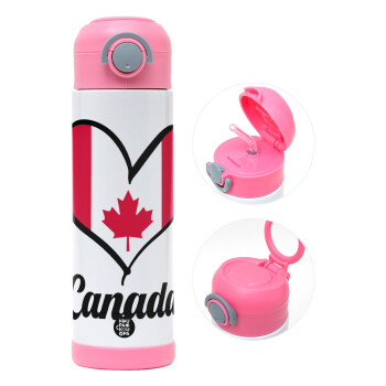 Canada flag, Children's hot water bottle, stainless steel, with safety straw, PINK (500ml)