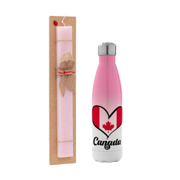 Canada flag, Easter Set, Metallic pink/white (Stainless steel) thermos, double-walled, 500ml & aromatic flat Easter candle (30cm) (PINK)