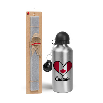 Canada flag, Easter Set, metallic silver aluminum water bottle (500ml) & aromatic flat Easter candle (30cm) (GRAY)
